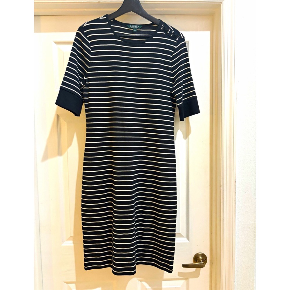Lauren Ralph Lauren Black White Striped Eyelet Lace T-Shirt Dress Women's M